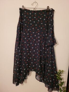 H&M Navy Asymmetrical Floral Wrap Skirt with Red and White Blossoms